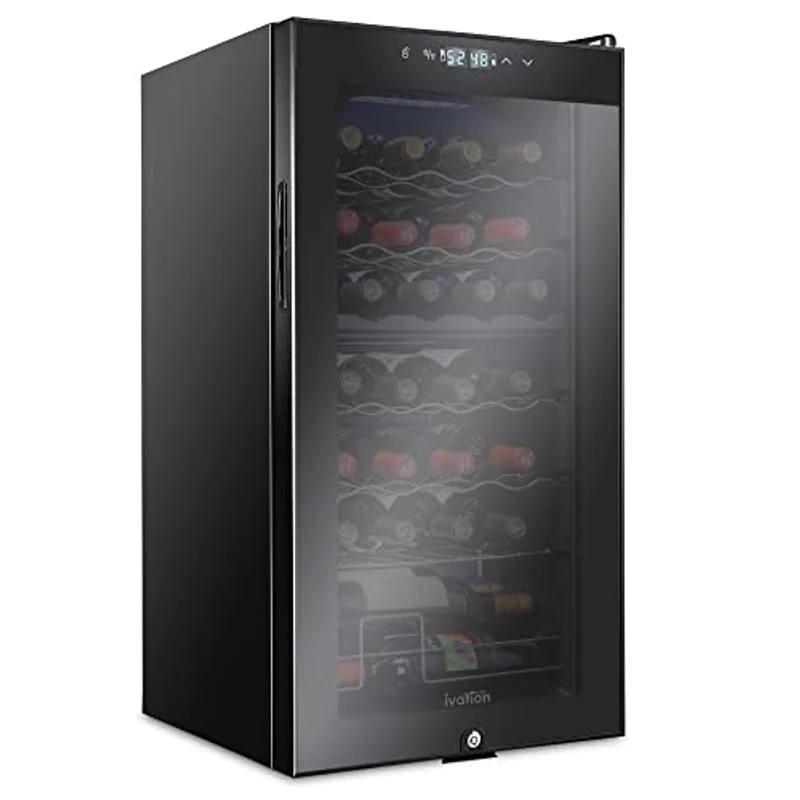 Ivation 28 Bottle Dual Zone wine cooler refrigerator, black with glass door