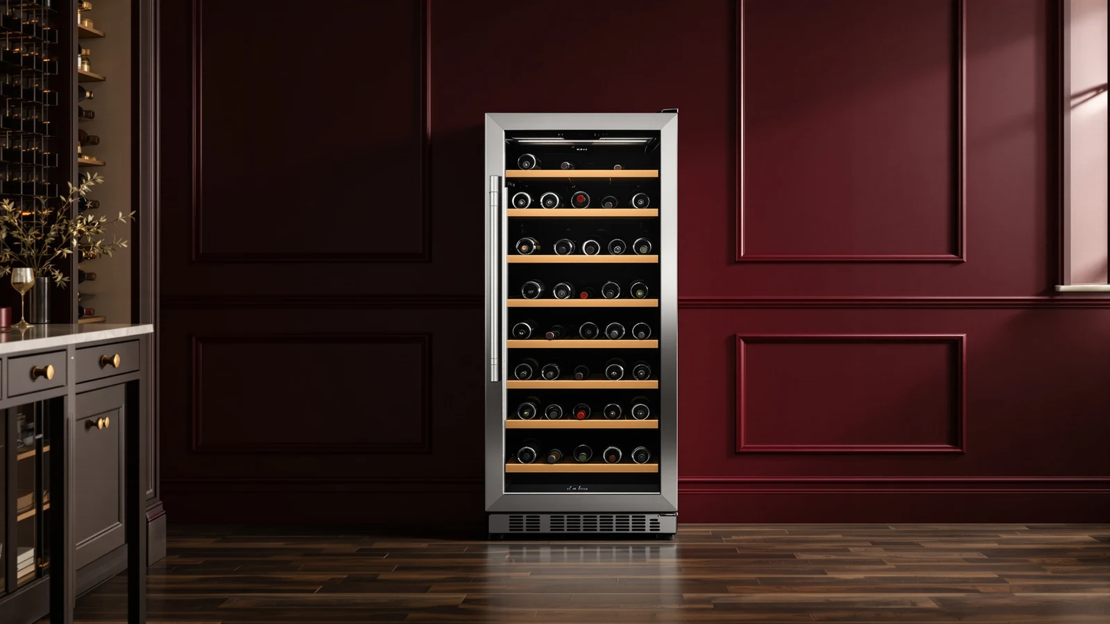 Stainless-steel and smoked-glass wine refrigerator against a deep burgundy wall, filled with rows of wine bottles